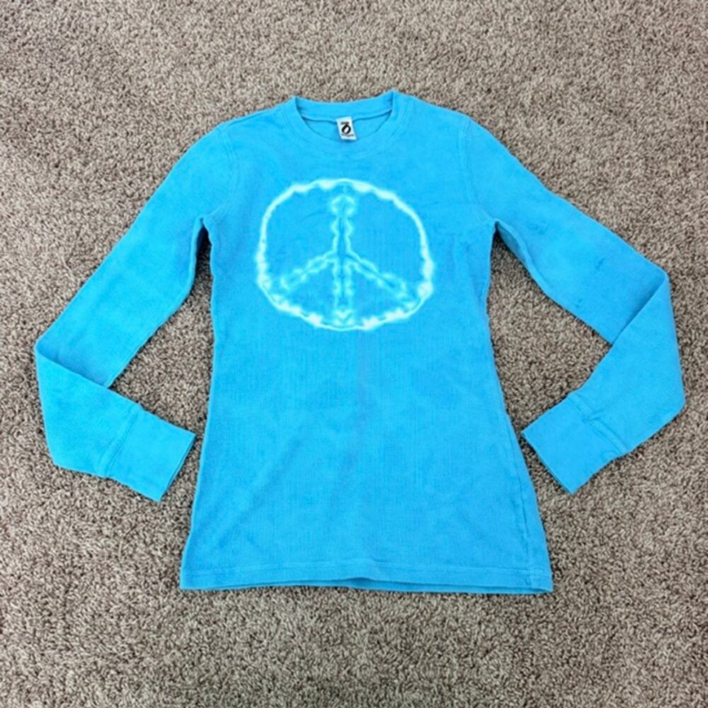 Otomix Thermal Tee Shirt Women's Small Blue White Peace Sign 1990s Rare Vintage